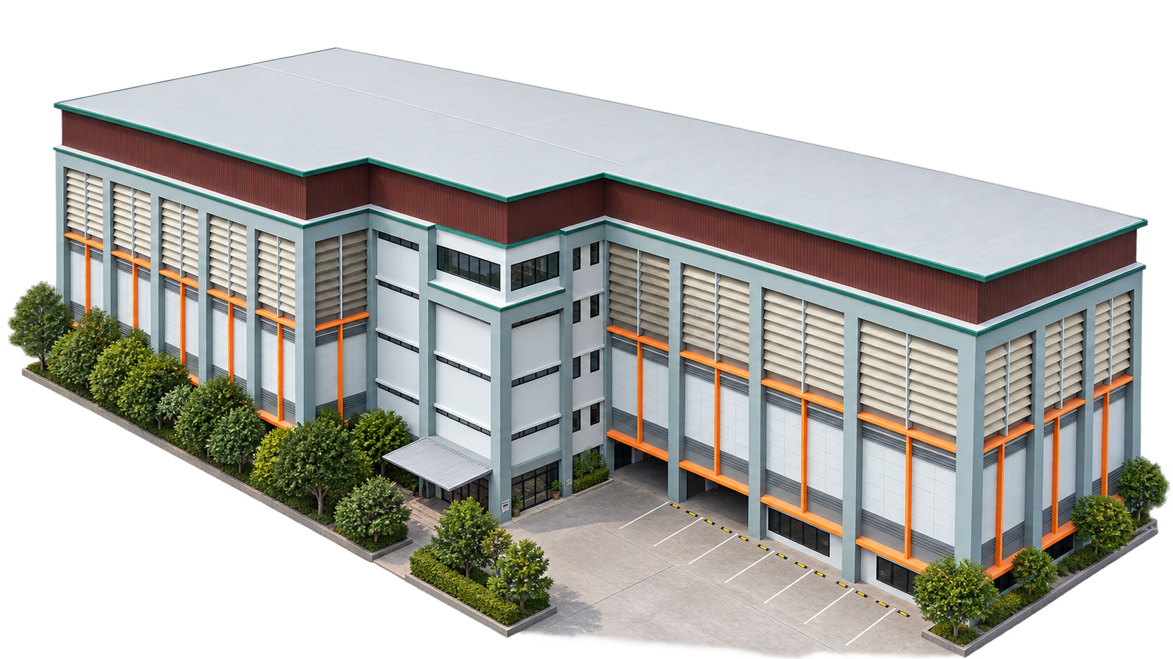 ภาพจำลองอาคาร 3D พร้อมตำแหน่งสนามกีฬาในแต่ละชั้น